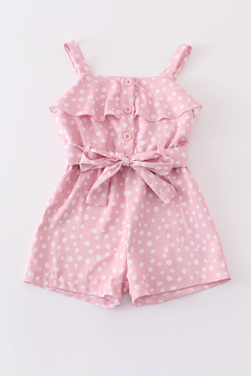Pink dot print strap ruffle jumpsuit mommy & me