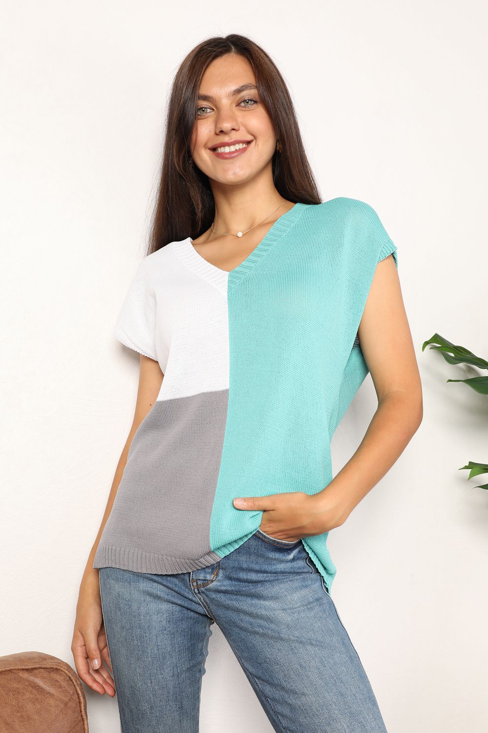 Double Take Color Block V-Neck Knit Top