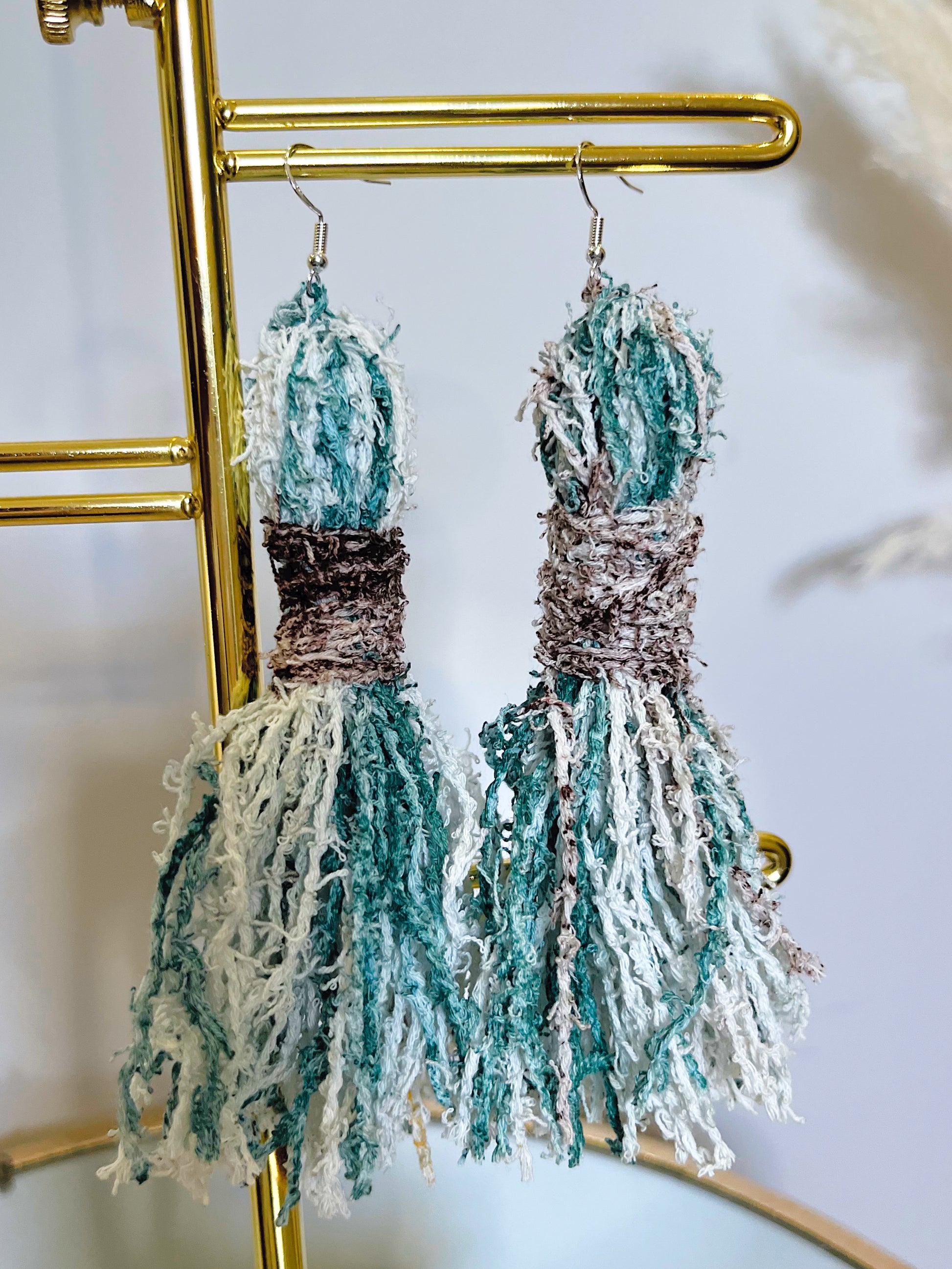 Fringe Yellow, Blue, Brown, and White Chandelier Earrings