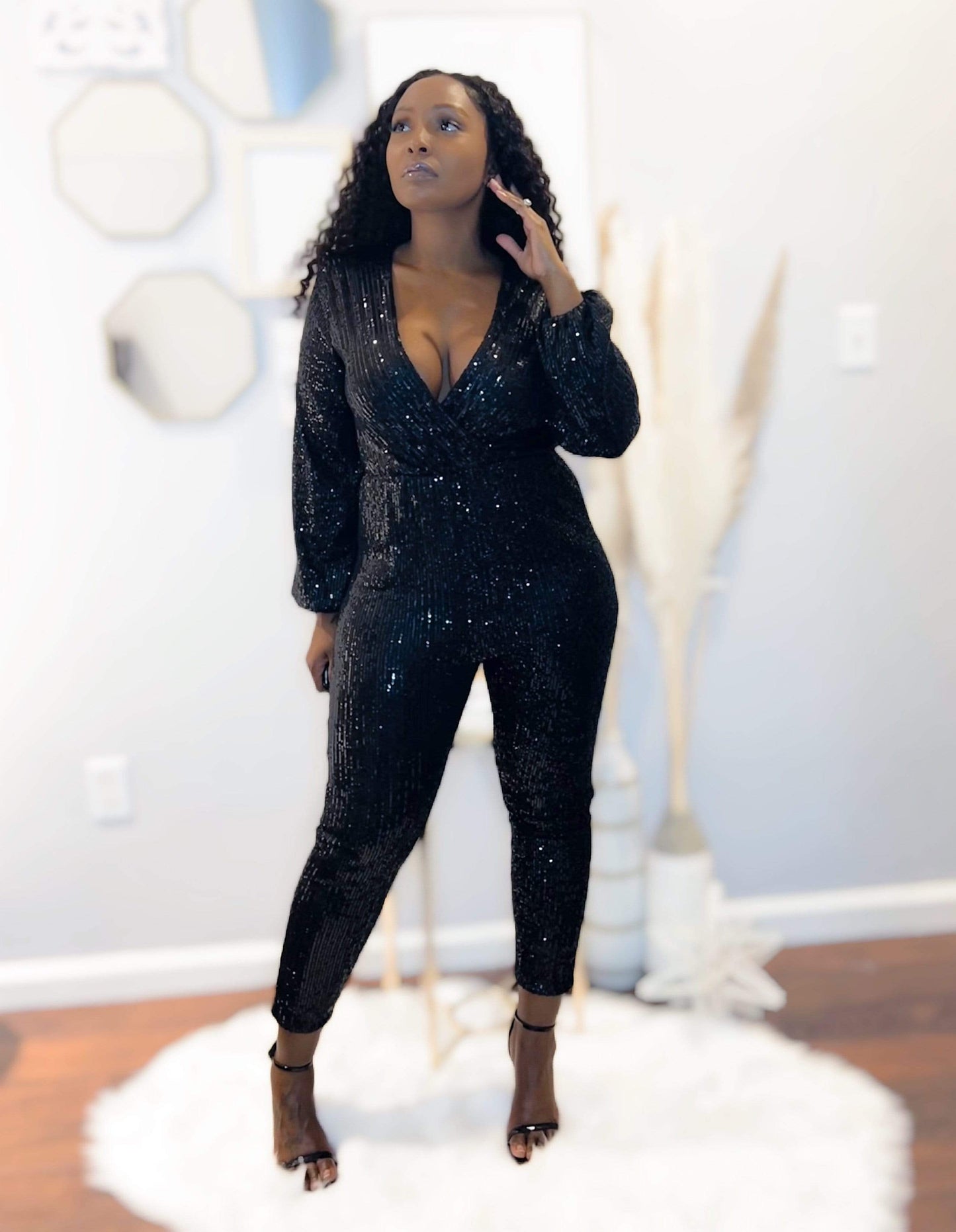 Black Sequin Balloon Sleeve V Neck Wrapover Front Jumpsuit