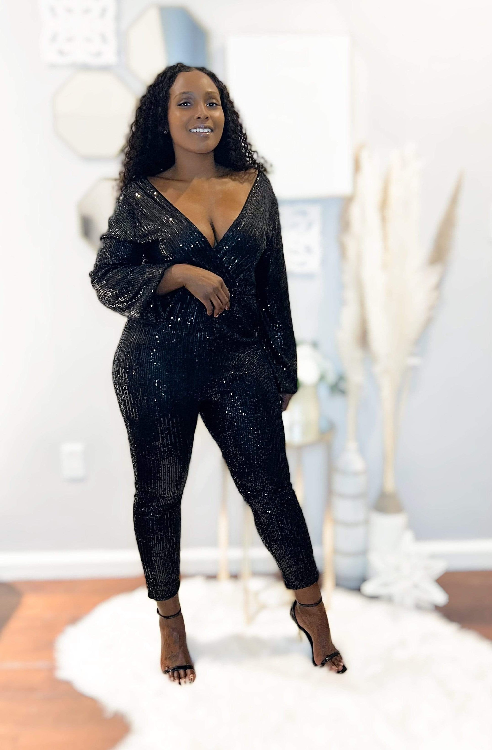 Black Sequin Balloon Sleeve V Neck Wrapover Front Jumpsuit