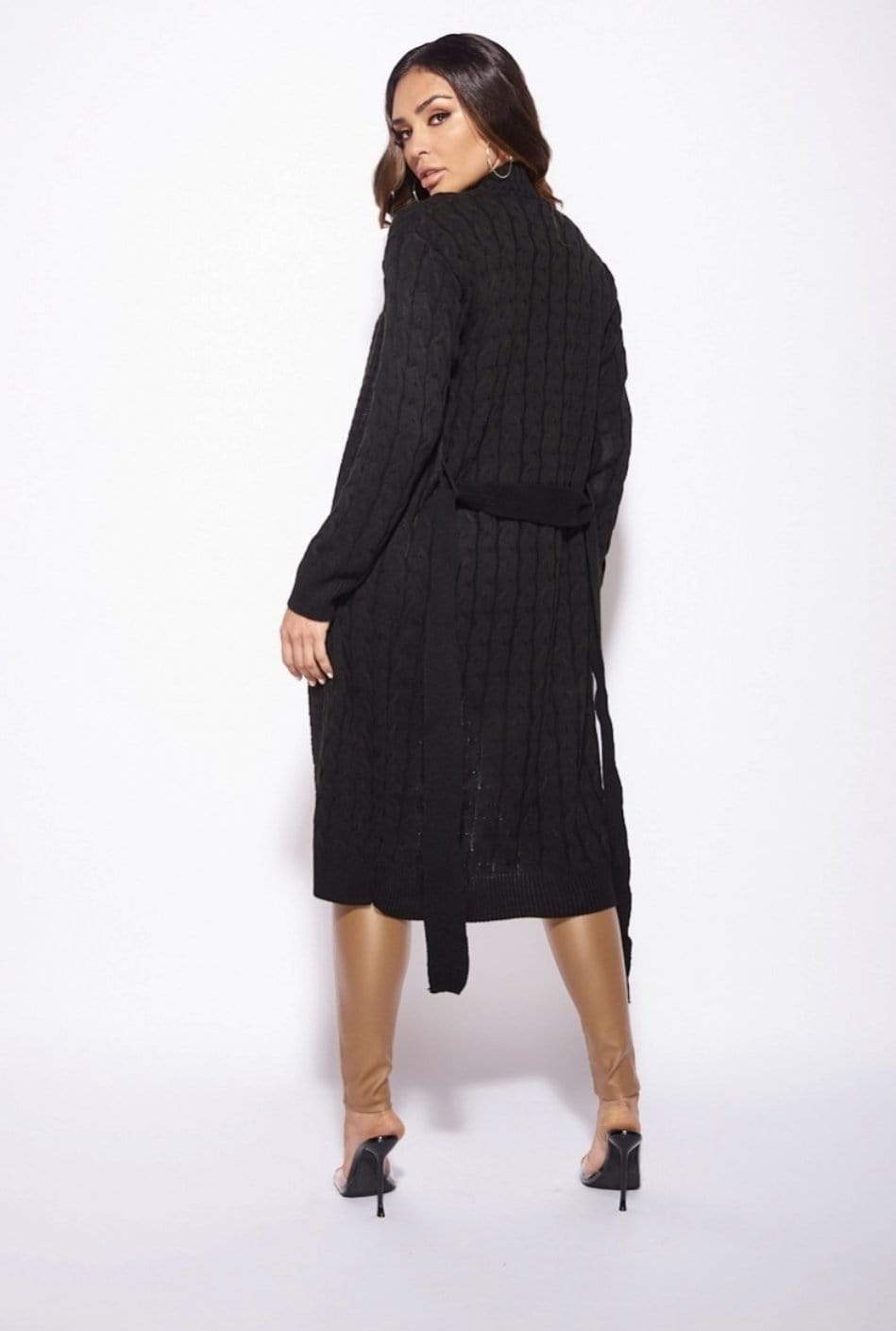 Black Cable Knit Belted Longline Cardigan
